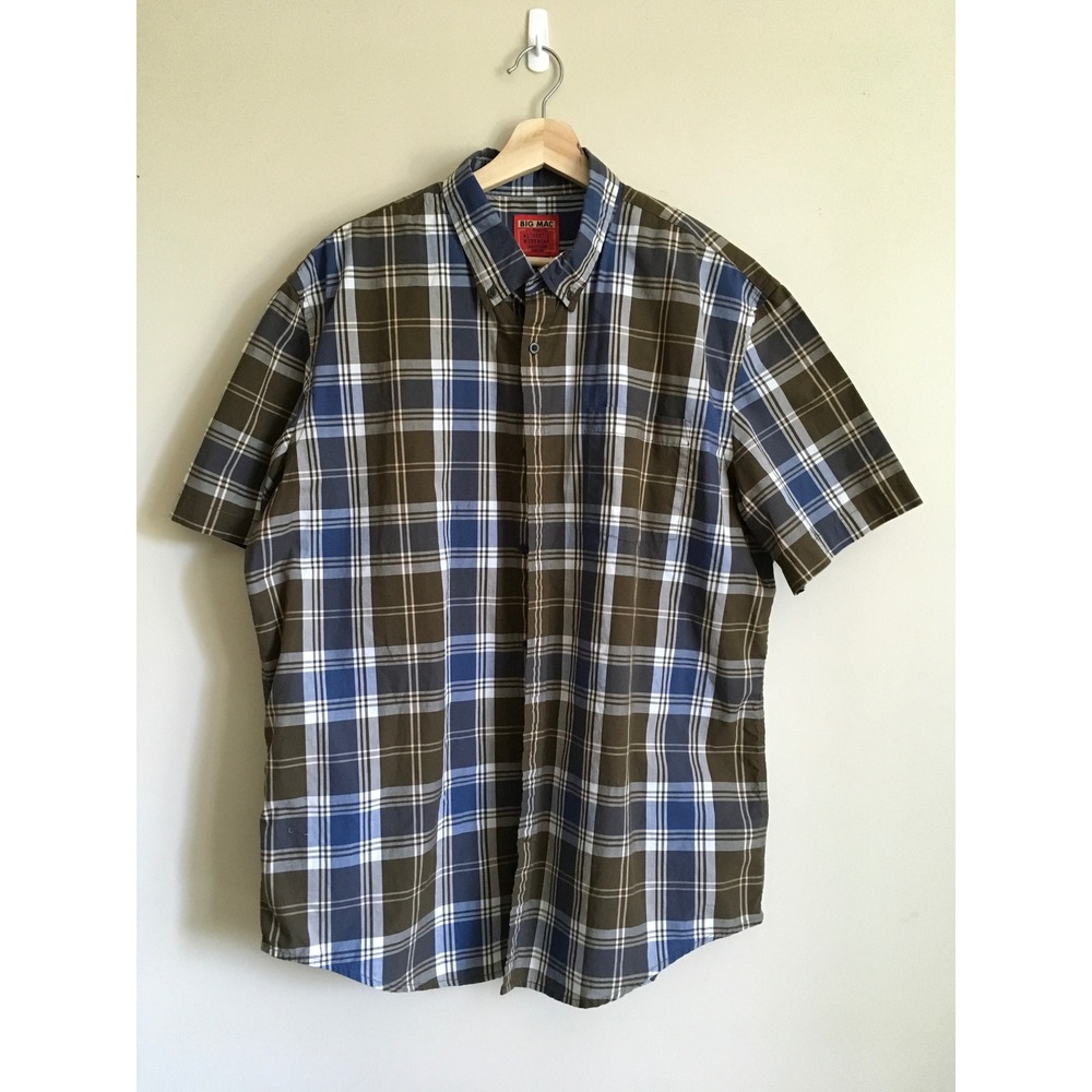 Big Mac JC Penney Mens XL Plaid Short Sleeve Button Down Shirt Olive Blue Cotton